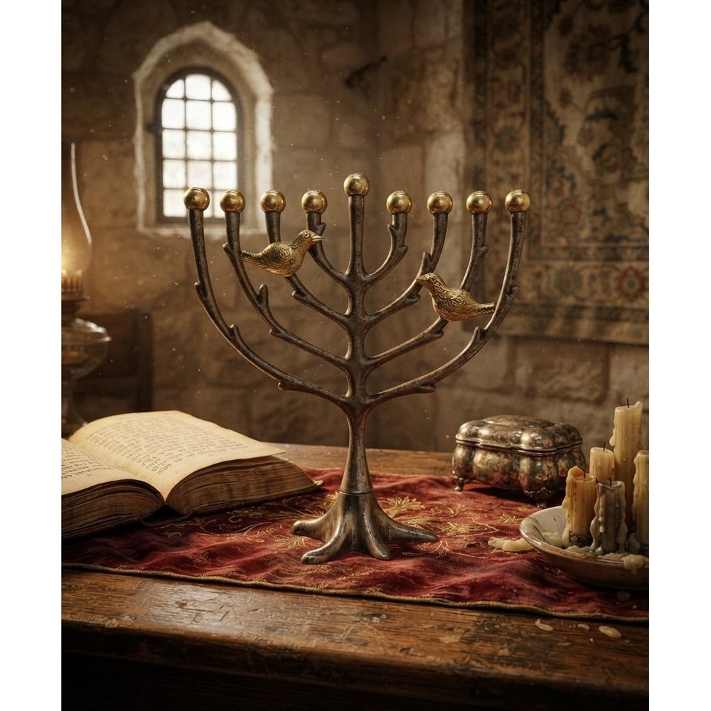 Sandra Kravitz Tree of Life Hanukkah Menorah Silver Gold Birds 9 inch Hanukkiah